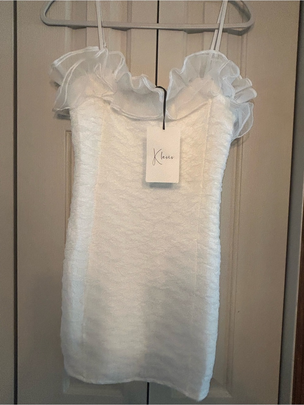 Kless White Ruffle-Trim Mini Dress with Spaghetti Straps